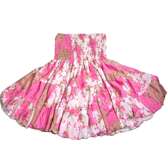 Silk Layered Ruffle Fairy Coquette Balletcore Smocked Pink Floral Skirt XS - Picture 2 of 9